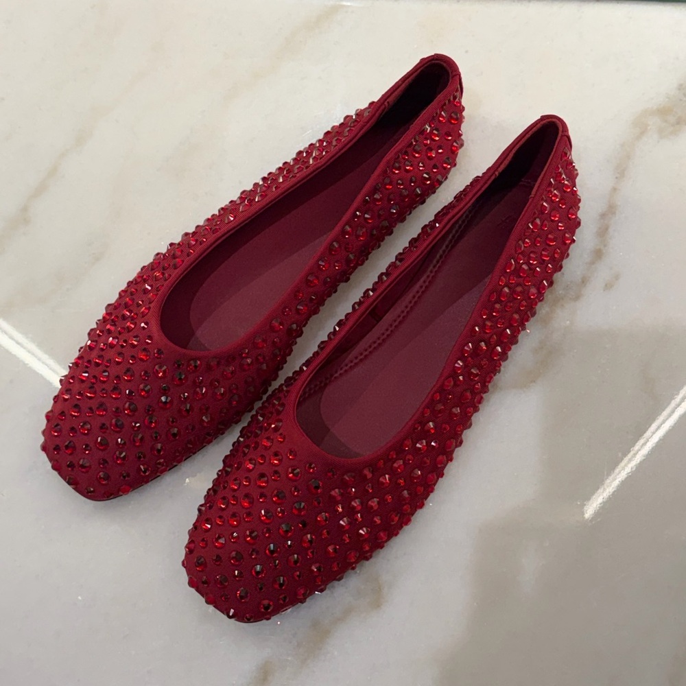 H&M Red Crystal-Studded Women's Ballet Flats